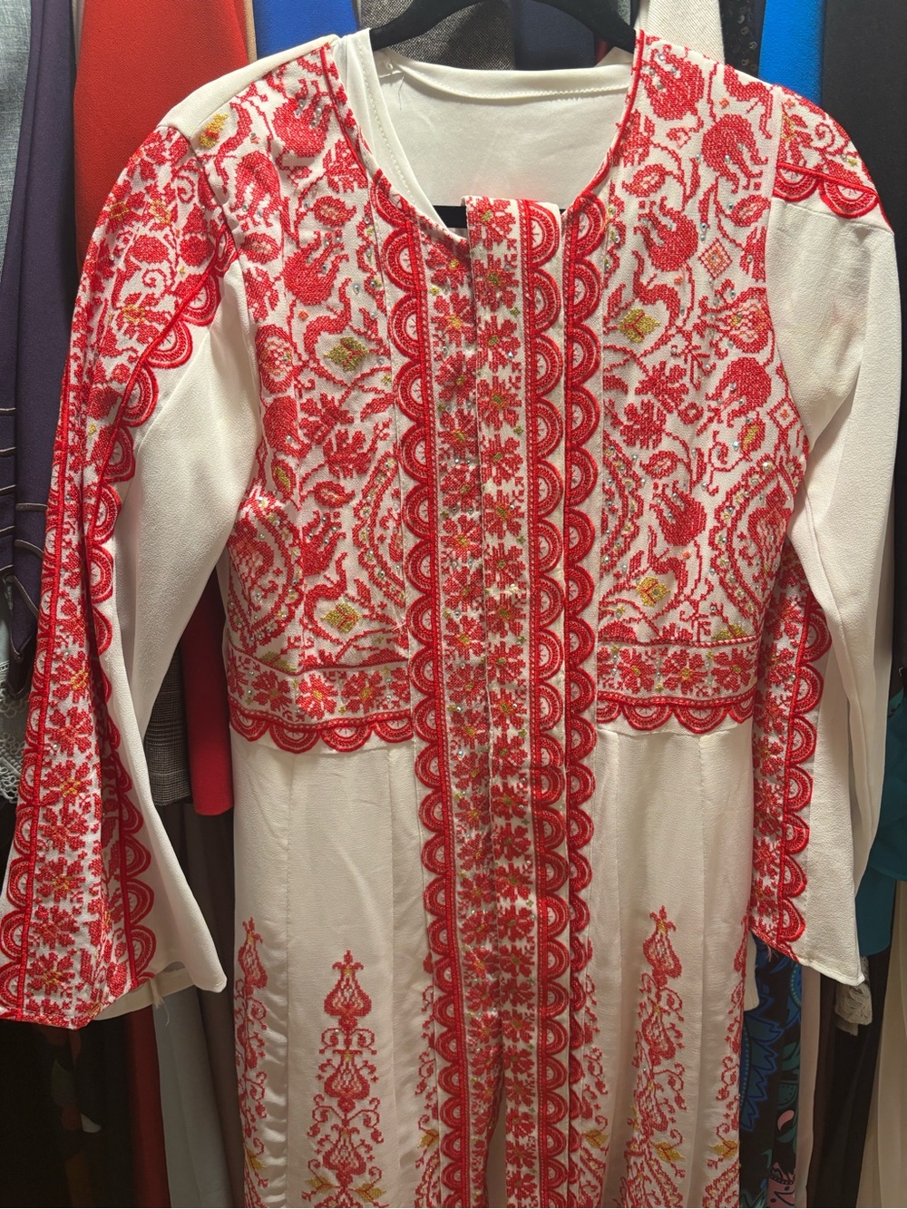 Embroidered White and Red Women's Long Sleeve Tunic Dress